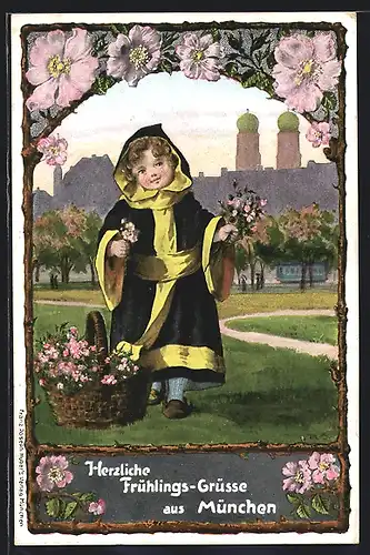 Künstler-AK Münchner Kindl im Frühling mit Kirschblüten