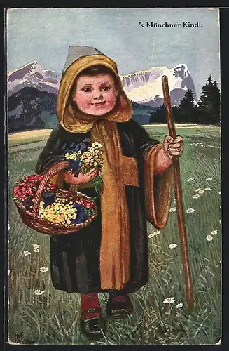 AK S` Münchner Kindl mit einem Blumenkorb