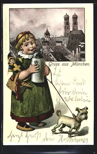 AK Münchner Kindl mit Bierkrug und Hund