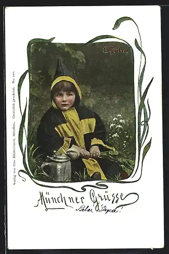 AK Münchner Kindl mit Rettich und Bierkrug im Grünen