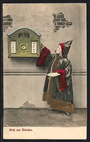 AK München, Münchner Kindl steckt einen Brief in den Kasten