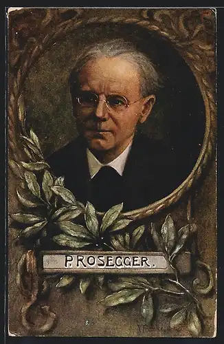 AK P. Rosegger, Portrait mit Lorbeerzweig