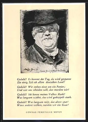 AK Geduld! Es kommt der Tag, Conrad Ferdinand Meyer, Portrait und Gedicht