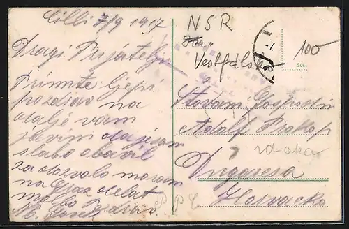 AK Cilli, Bismarckplatz, Strassenpartie mit Deutschem Haus