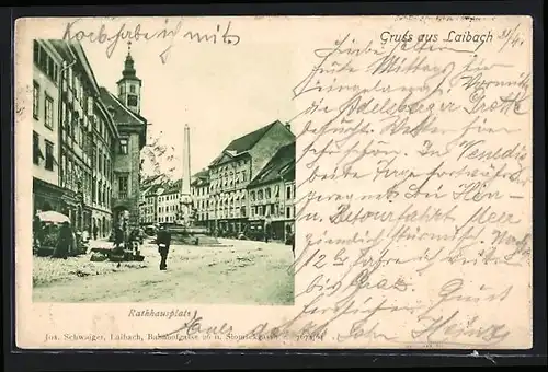 AK Laibach, Rathausplatz mit Obelisk und Passanten