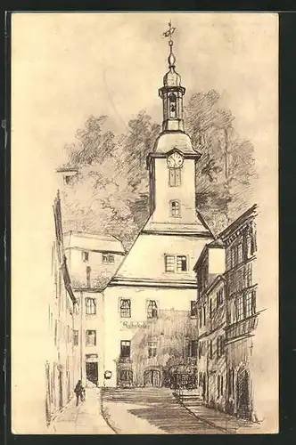 Künstler-AK Rudolstadt, Rathaus und Rathsgasse