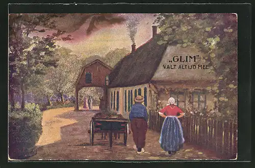 AK Glim valt altijd mee, Bauern mit Wagen vor einem Haus, Schleichwerbung