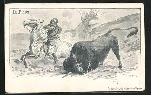 AK Jäger auf einem Pferd erlegt ein Bison