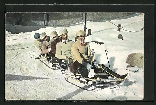 AK Fünf Männer bei einer Abfahrt im Schlitten