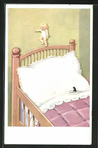 Künstler-AK Ratte im Bett, Kind ängstlich auf Bettrand