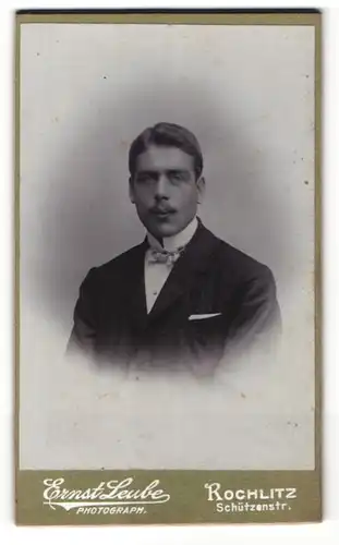 Fotografie Ernst Leube, Rochlitz, Portrait charmanter junger Mann in Fliege und Jackett