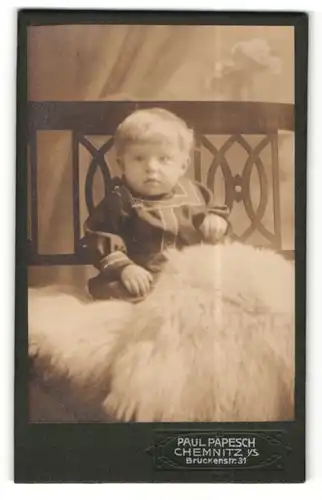Fotografie Paul Papesch, Chemnitz i / S., Portrait süsses Kleinkind im modischen Kleid auf Fell sitzend