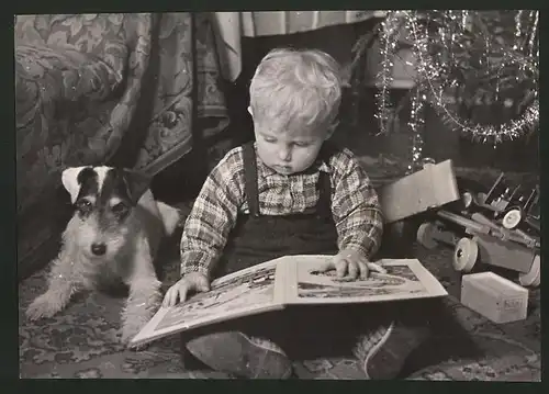 Fotografie Kind und Hund bei Bescherung 1938