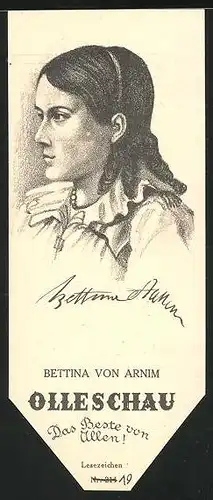 Lesezeichen Olleschau, deutsche Schriftstellerin Bettina von Arnim im Portrait