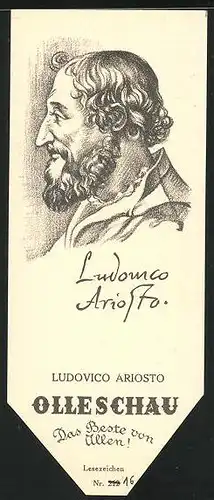 Lesezeichen Olleschau, italienischer Epiker Ludovico Ariosto im Portrait