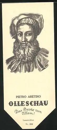 Lesezeichen Olleschau, italienischer Schriftsteller Pietro Aretino im Portrait