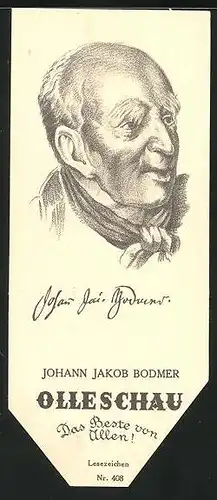 Lesezeichen Olleschau, schweizer Literarkritiker Johann Jakob Bodmer im Portrait