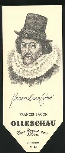 Lesezeichen Olleschau, englischer Philosph Francis Baron of Verulam Bacon im Portrait