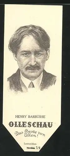Lesezeichen Olleschau, französischer Romanschriftsteller Henry Barbusse im Portrait