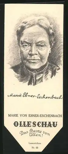 Lesezeichen Olleschau, Dramatikerin Marie Freifrau von Ebner-Eschenbach im Portrait