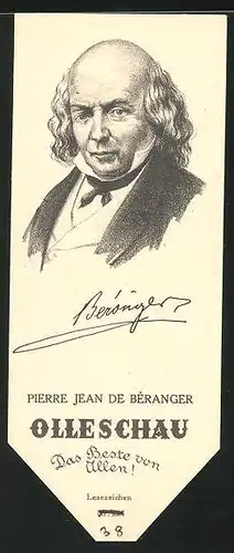 Lesezeichen Olleschau, französischer Lyriker Pierre Jean de Béranger im Portrait