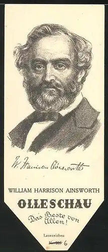 Lesezeichen Olleschau, englischer Erzähler William Harrison Ainsworth im Portrait