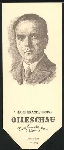 Lesezeichen Olleschau, deutscher Erzähler Hans Brandenburg im Portrait