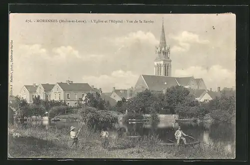 AK Morannes, L'Eglise et l'Hopital, Vue de la Sarthe