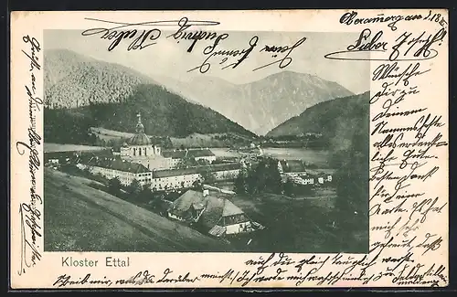 AK Ettal, Kloster Ettal, mit Bergen aus der Vogelschau