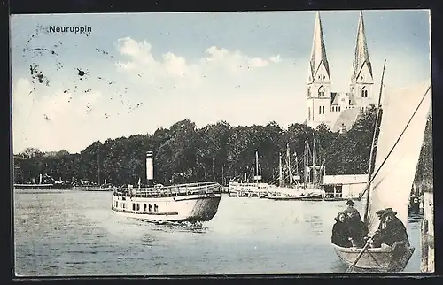 AK Neuruppin, Hafen mit Kirchenblick