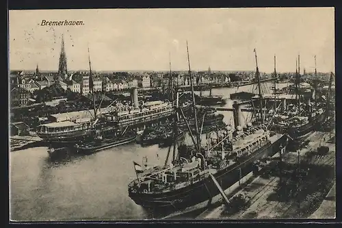 AK Bremerhaven, Panorama mit Passagierschiffen
