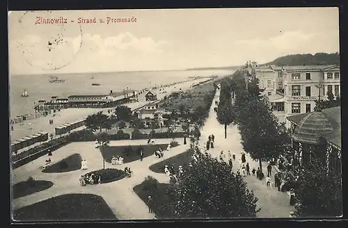 AK Zinnowitz, Strand und Promenade mit Herrenbad und Hotel Fortuna
