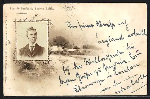 Foto-AK Junger Mann mit Welle im Haar und mit Anzug, Verschneite Landschaft, Passepartout