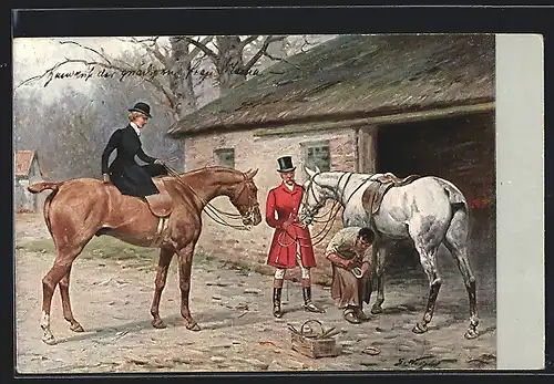 Künstler-AK M. Munk Nr. 218: Hufschmied ersetzt den Huf eines Pferdes