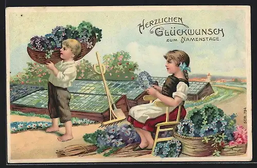 Künstler-AK Kleiner Gärtner mit vollem Blumenkorb, Mädchen bindet einen Blütenkranz