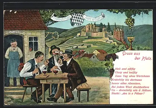 Künstler-AK Männer in einem Weinlokal in der Pfalz