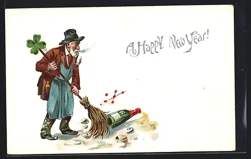 AK Strassenkehrer fegt eine Sektflasche weg, Neujahrsgruss