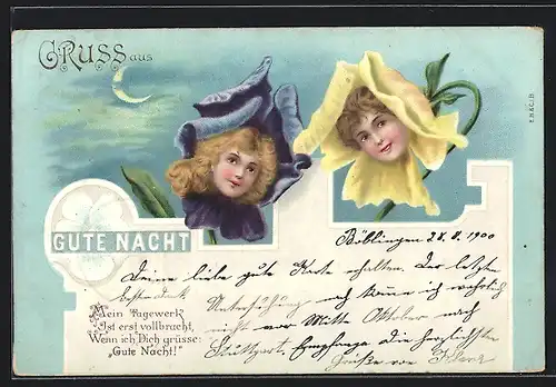 Lithographie Mädchenköpfe in Glockenblumen