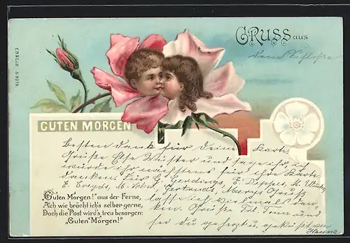 AK Guten Morgen, Kinderköpfe in Blüten, Metamorphose