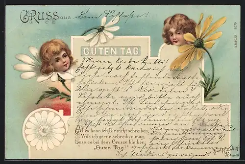 Künstler-AK Kinderköpfe in einer weissen und gelben Blüte, Metamorphose