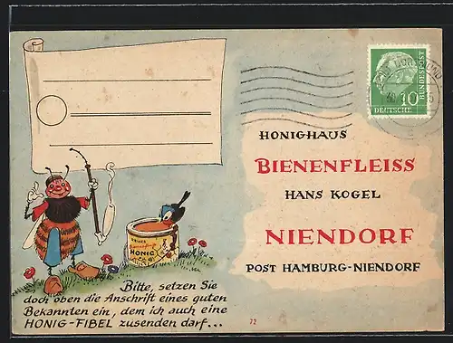AK Nierendorf, Honighaus Bienenfleiss, Hans Kogel, Biene mit einem Honigglas