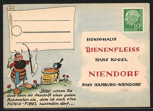Künstler-AK Hamburg-Niendorf, Honighaus Bienenfleiss, Biene mit Tabakpfeife und Honigeimer