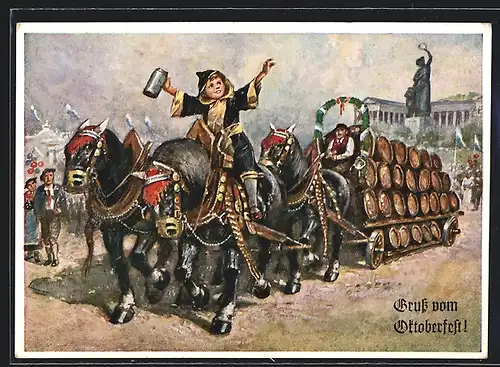 AK Oktoberfest, Münchner Kindl reitet auf einem Pferd des Bierwagens