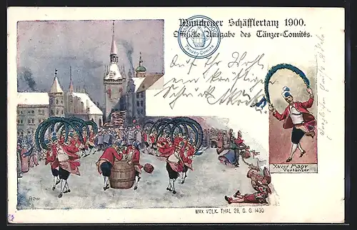 Künstler-AK München, Schäfflertanz 1900 - Tanz vor Stadtkulisse