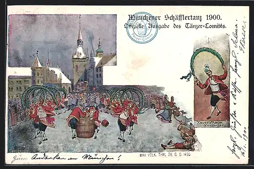 Künstler-AK München, Schäfflertanz 1900 mit Vortänzer Xaver Mayr