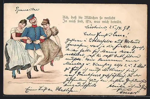 AK Soldat in Uniform tanzt mit zwei Frauen