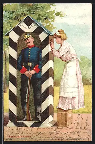 AK Soldat am Wachhäuschen mit einem Dienstmädchen