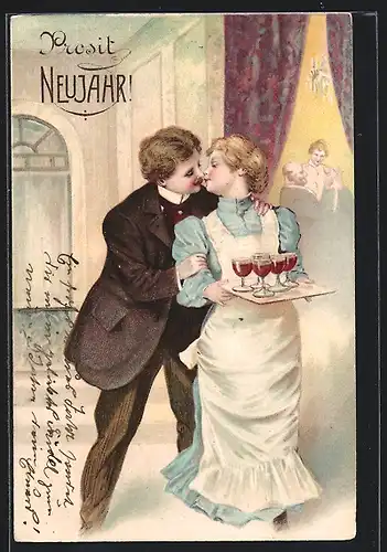 Präge-AK Herr küsst ein Dienstmädchen mit Tablett, Neujahrsgruss