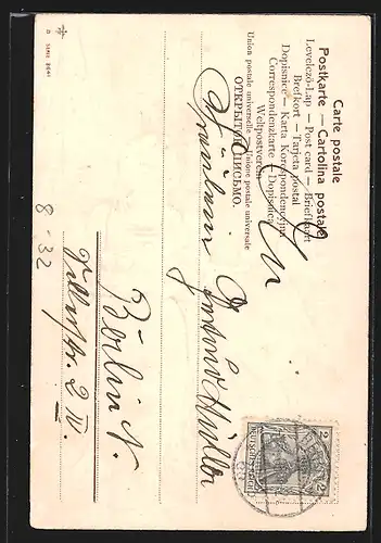 Präge-AK Herr küsst ein Dienstmädchen mit Tablett, Neujahrsgruss