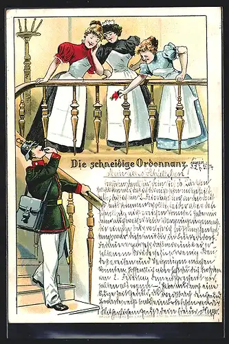 AK Die schneidige Ordonnanz, Soldat mit Dienstmädchen auf der Treppe